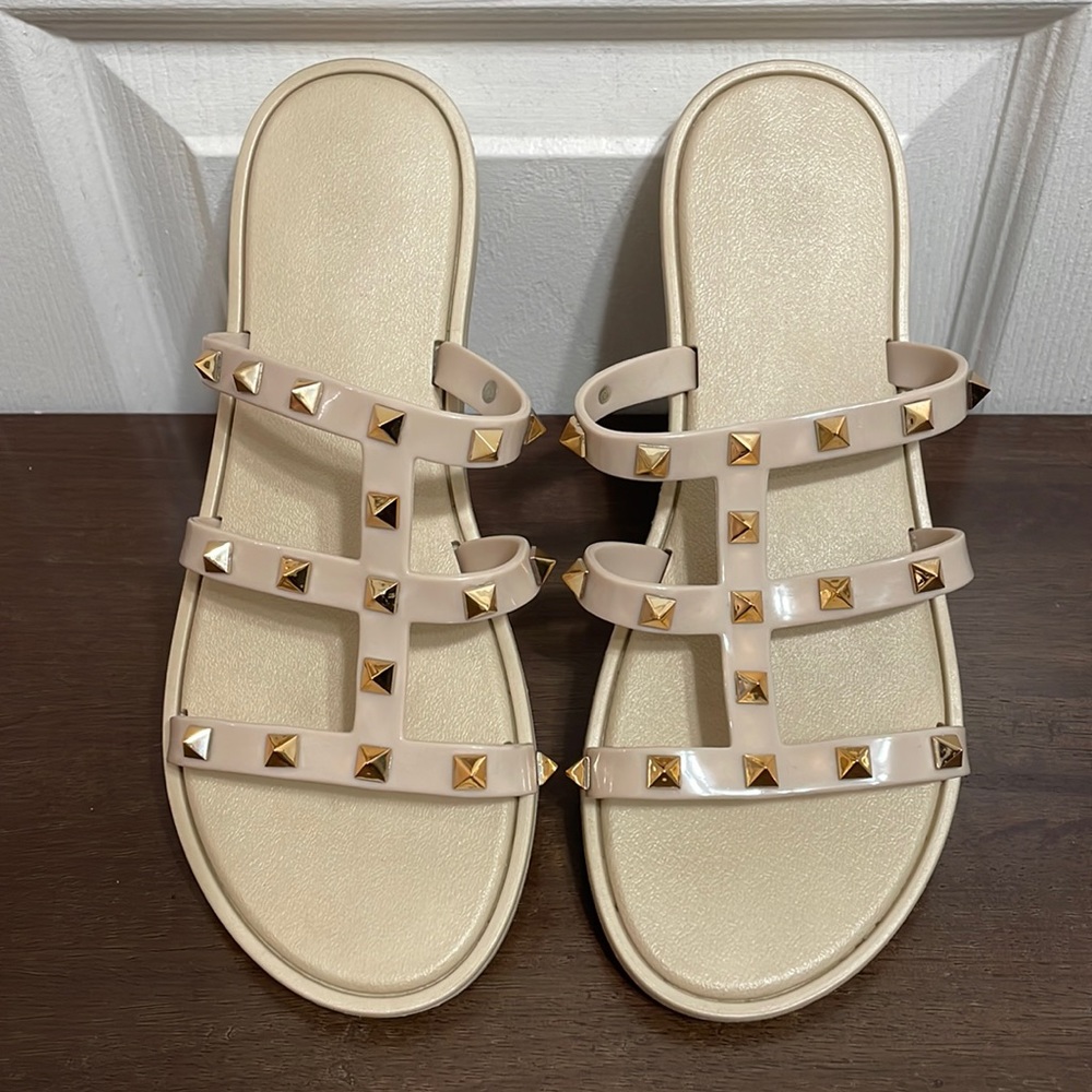 SHEIN Studded Decor Cut Out Slide Sandals, Cream w/ Gold Studs